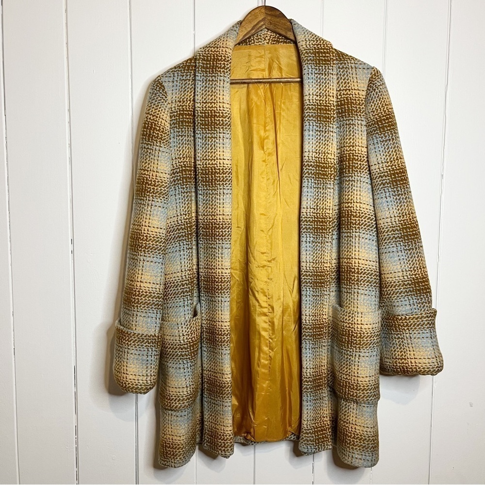 Vintage Wool Light Blue and Brown Plaid Coat.